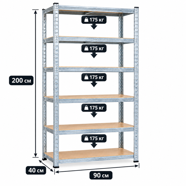 Стеллаж металлический PRIMA HOME 6 полок (200&times;90&times;40 см) для дома гаража склад магазина, Оцинкованный G1452 фото